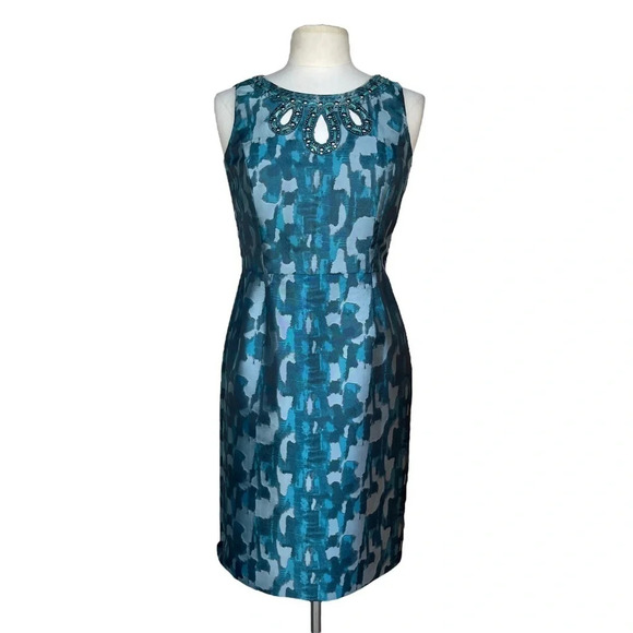 TAHARI ARTHUR S LEVINE Size 6 Teal Jewels Neckline Metallic Jacquard Dress - Picture 1 of 3